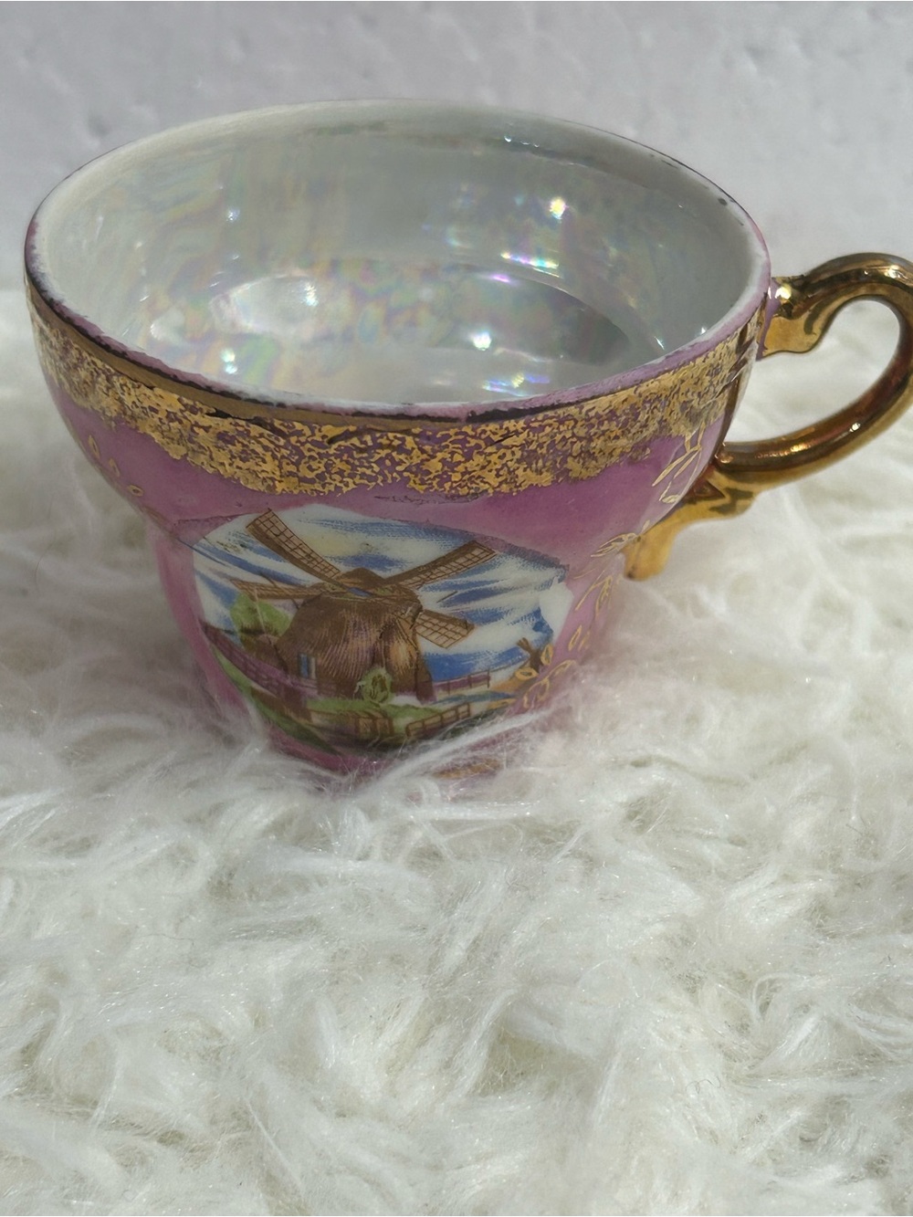 Vintage Pink and Gold Porcelain Teacup with Windmill Scene